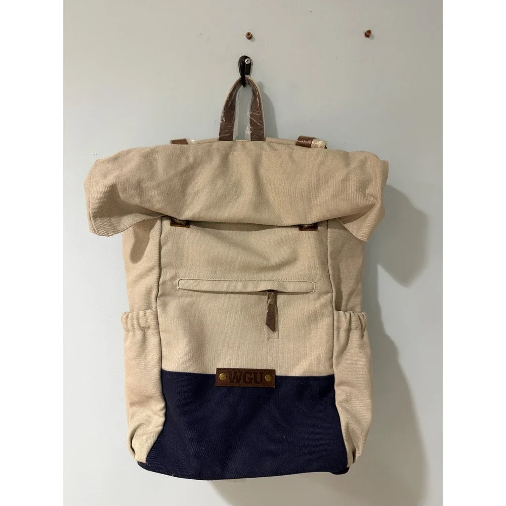 WGU Western Governors University Roll Top Canvas Backpack Laptop Sleeve Navy Tan